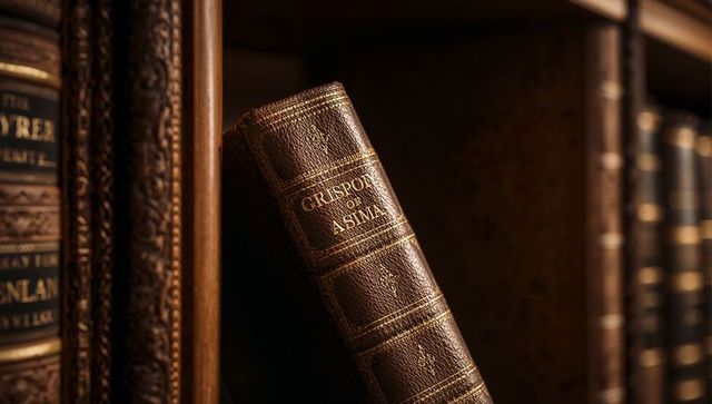 Antique dark leather-bound book leaning on wooden library shelf with gold gilt spine