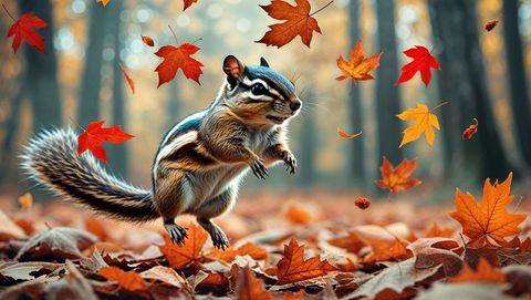 Playful Chipmunk Leaping Amid Vibrant Autumn Leaves