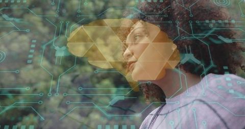 Young woman gazing into future with augmented reality circuit overlay and gold visor