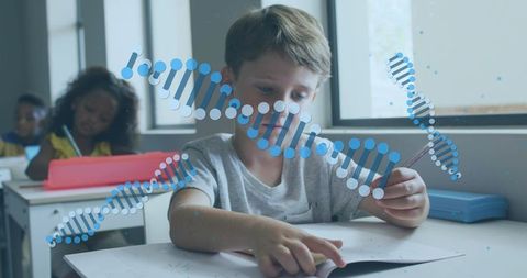 Elementary student exploring dna with augmented reality during classroom lesson