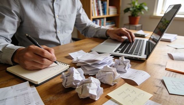Home office bookkeeping chaos with laptop, receipts and notepad, remote work productivity