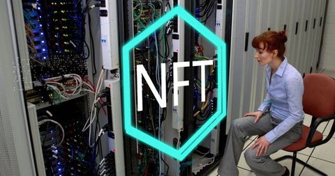 Tech Engineer Managing Cables Near Servers with NFT Concept Overlay
