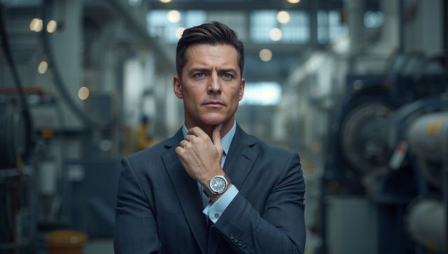 Executive surveying factory aisle in tailored gray suit and luxury wristwatch contemplative