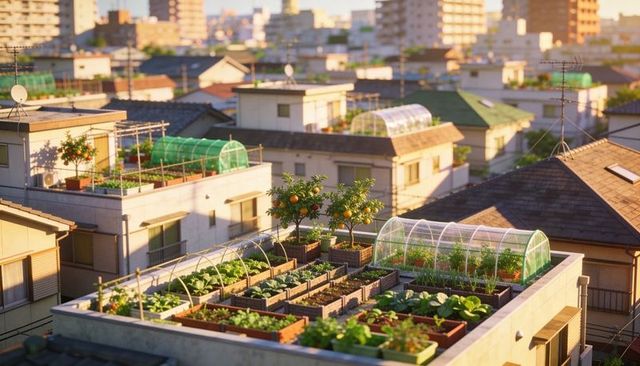 Sunlit urban rooftop garden growing vegetables in planters with hoop houses and citrus