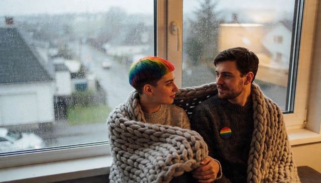 Cozy lgbtq couple sharing chunky blanket by rainy window with rainbow hair and pride pin