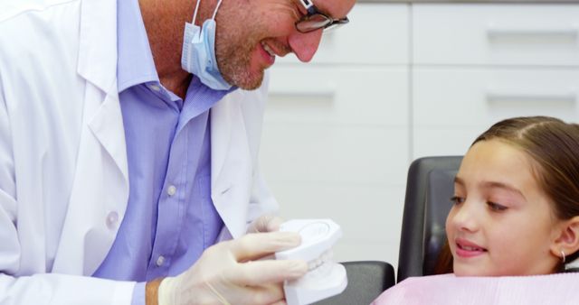 Smiling Dentist Showing Teeth Model to Young Girl Patient - Download Free Stock Images Pikwizard.com