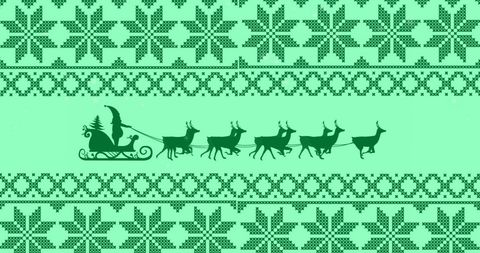Christmas Motif with Santa's Sleigh and Reindeer on Green