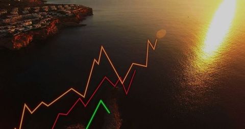 Economic growth analytics over scenic coastal village sunset