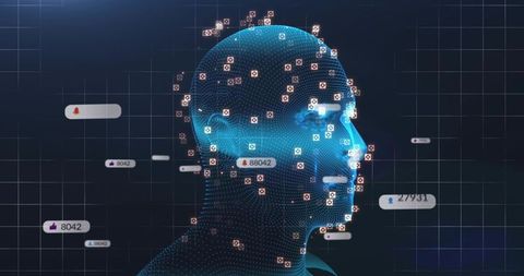 AI Head Scanning Point Cloud Mesh with Biometric Landmark Markers and Data Visualization