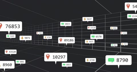 3D Data Grid with Floating Location Pins, Chat Bubbles and Notification Badges Wireframe