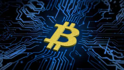 Pulsating Bitcoin Symbol Rotating with Digital Circuitry Background
