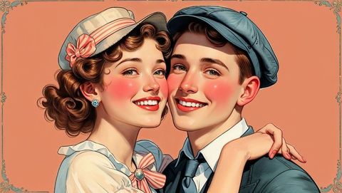 Smiling retro cute couple in vintage clothing embracing warmly