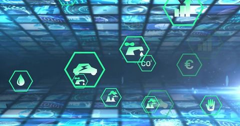 Virtual Reality Grid Illustrating Environmental Sustainability and Technology