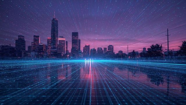 Futuristic cityscape with neon grid and reflections at dusk