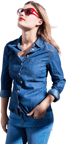 Transparent Confident Woman in Denim Outfit with Red Sunglasses