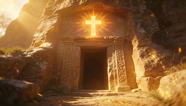 Glowing cross above ancient carved tomb entrance on cliff at sunset