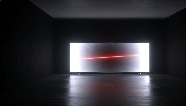 Backlit led panel emitting crimson diagonal light in minimal dark gallery space