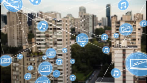 Digital Music Network Concepts Over Urban Cityscape