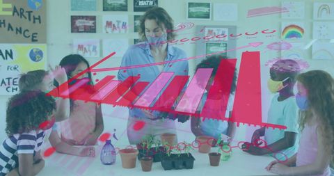 Teacher Teaching Students with Covid Economy Visuals