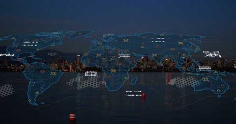 futuristic digital interface overlay on cityscape at night - Download Free Stock Images Pikwizard.com