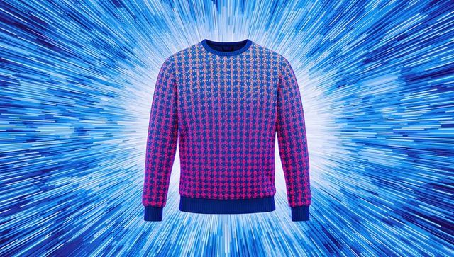 Floating neon magenta-blue geometric crewneck sweater with radial light burst