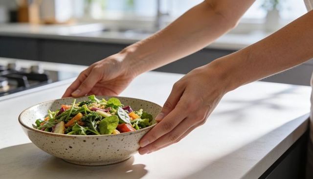 Hands placing speckled ceramic bowl of fresh salad on quartz counter by gas cooktop