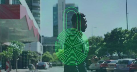 Businessman Walking with Smartphone and Digital Lock Hologram