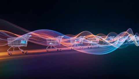 Neon light trail shopping carts conveying rapid retail movement and digital commerce flow