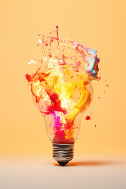 Colorful paint splashing out of a light bulb with vibrant orange background. Useful for illustrating concepts of creativity, electricity, innovation, energy, imagination, and artistry.