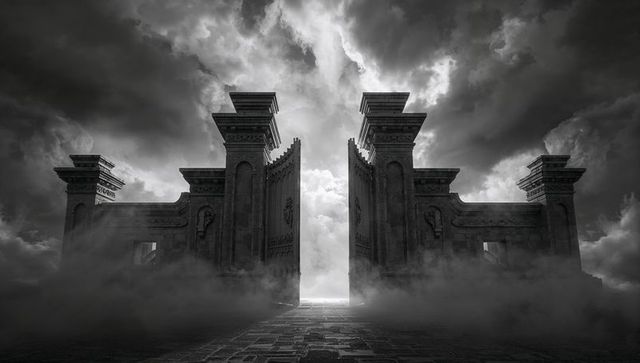 Mystical stone gateway amidst swirling mist and dramatic clouds