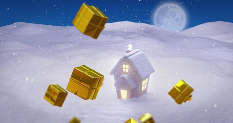 Christmas Gifts Falling Over Snowy House in Moonlit Winter Night
