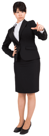 Confident asian businesswoman pointing on transparent background