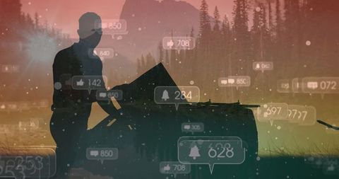 Silhouette in wilderness with social media overlays