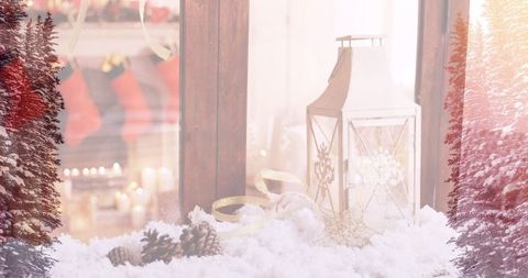 Cozy Winter Window with Christmas Lantern and Pine Cones - Download Free Stock Images Pikwizard.com