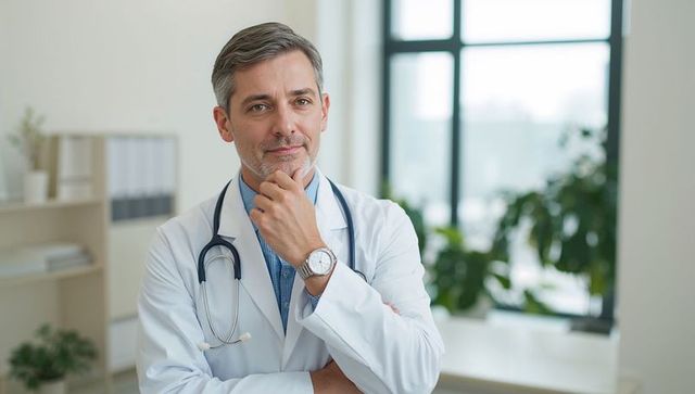 Confident male doctor standing in clinic wearing white coat and stethoscope, thoughtful pose