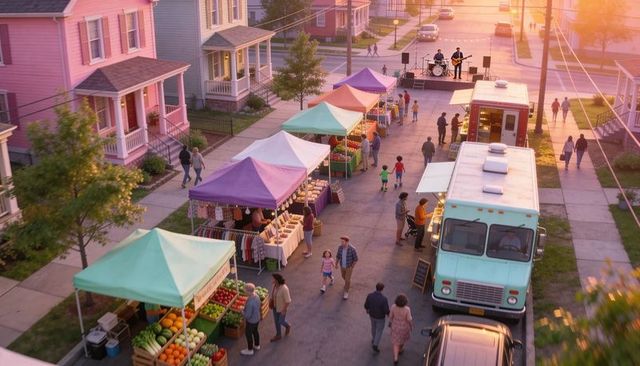 Sunset neighborhood market with food trucks, colorful tents, local vendors and live band