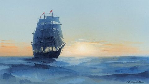 Full-sailed sailing ship through misty waves at sunrise