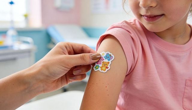Child receiving cute sticker after vaccination in bright pediatric clinic