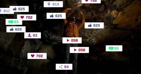 Man Exploring Cave with Social Media Icons Representing Connectivity