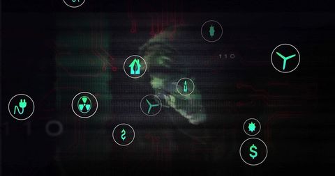 Hooded skull hologram looming over neon cyber dashboard with glitch icons and circuitry