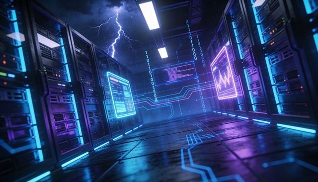 Glowing Server Racks Reflecting Neon on Wet Floor with Holographic Interfaces and Lightning