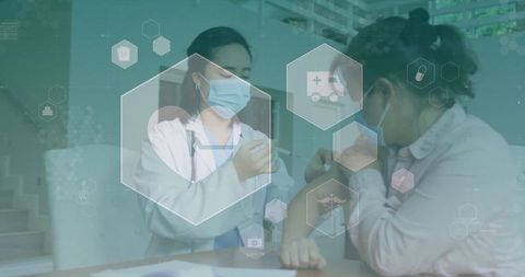 Healthcare Worker Administering Vaccination with Medical Icons Overlay