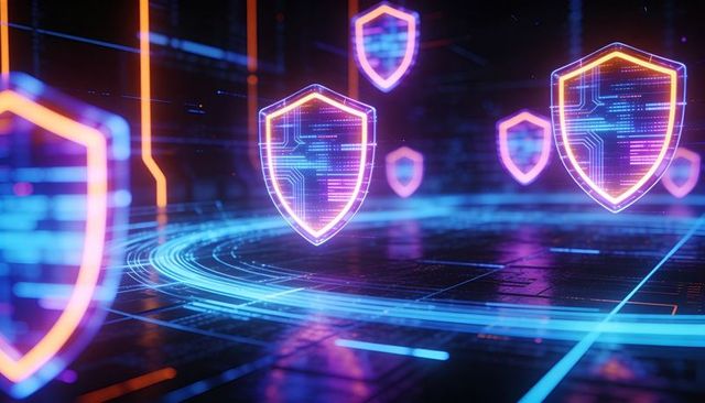 Neon Cybersecurity Shields Protecting Data Streams Pulsing Over Digital Circuit Network