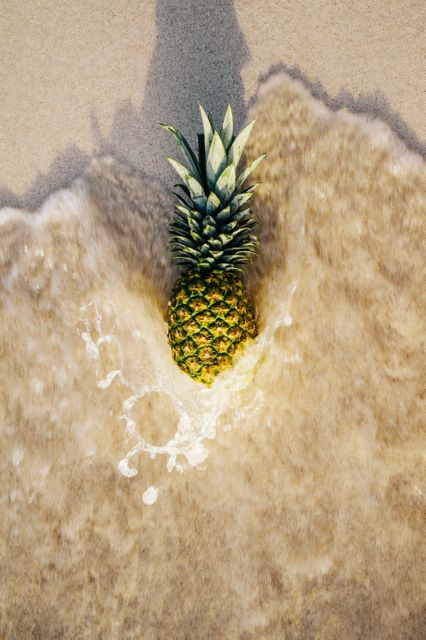 Single Pineapple on Wet Beach Sand with Ocean Wave - Download Free Stock Photos Pikwizard.com