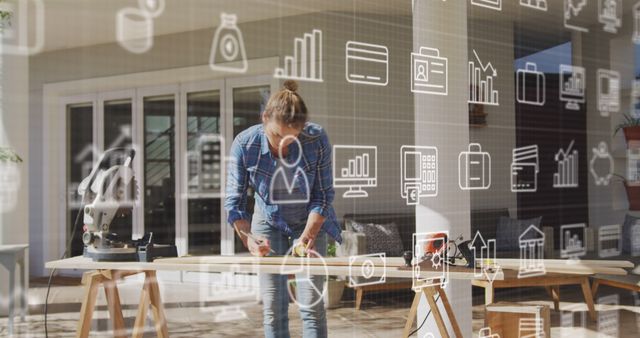 Carpenter Measuring Wood with Virtual Futuristic Icons Overlay - Download Free Stock Images Pikwizard.com