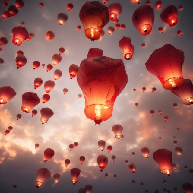 Multiple lighted chinese lanterns with pattern over sky created using generative ai technology - Download Free Stock Photos Pikwizard.com