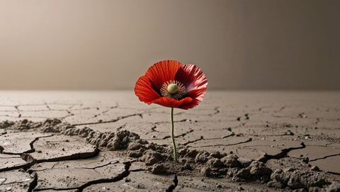 Red poppy flower thrives in cracked clay field - emblem of first world war remembrance