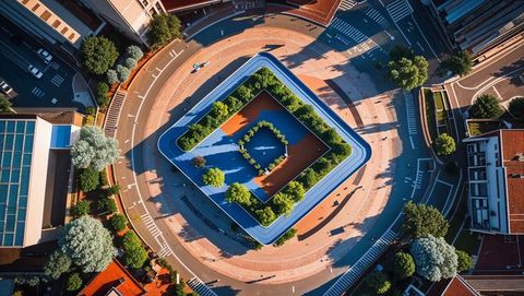 Aerial view of modern urban roundabout with green plaza design
