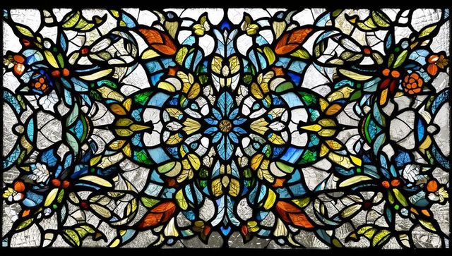 Intricate stained glass window with floral motif design