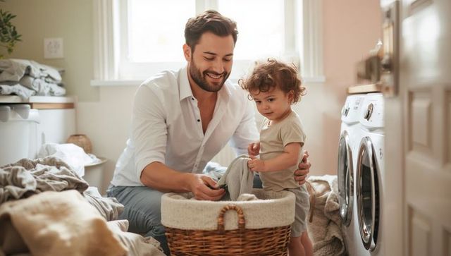 Father bonding with toddler doing laundry in sunlit laundry room family care moment
